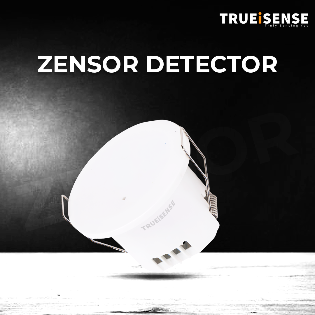 Zensor Detector with TrueSense branding on a dark background, presence sensor, motion sensor, real presence sensor, true presence sensor, human presence sensor, breathing sensor, motion detector, motion sensor, motion sensor lighting, motion sensor light.