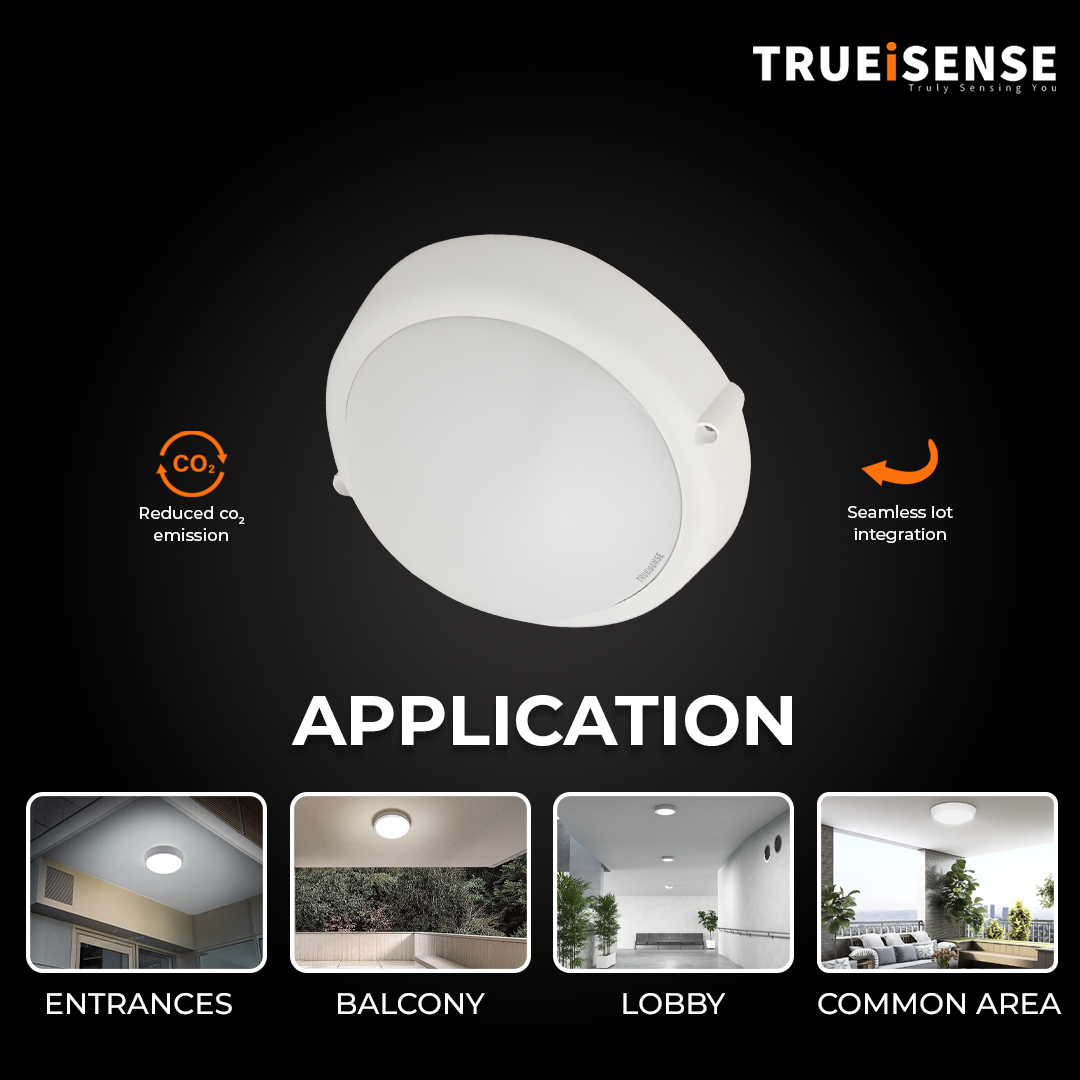 Round white sensor device with 'Trueisense' branding on a black background, motion sensor bulkhead light, auto on/off bulkhead light, motion sensor bulkhead light, true presence sensor, breathing sensor, real presence sensor