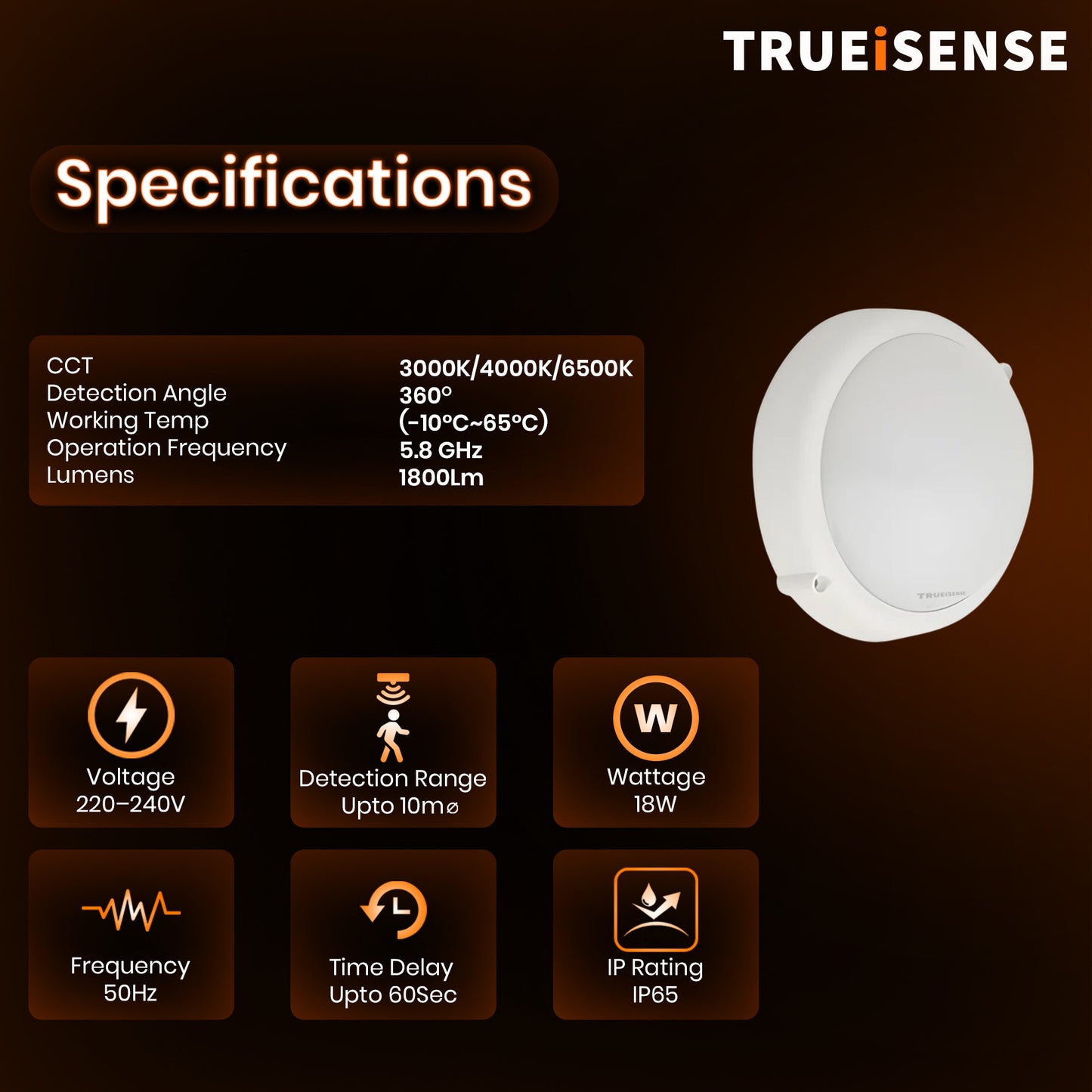 TRUEiSENSE | True Presence Sensor | OCT X LUO PRO | Auto On/Off | IP65 | Presence Round Bulkhead Light | Fully Automatic | Presence Detector