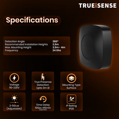 TRUEiSENSE | True Presence Sensors | 24 Ghz Frequency | Crux Detector | Presence Sensor | Auto On/Off | 24 GHz Frequency | IP20 | Detection Angle 360° | Detection Minor Motion-3m