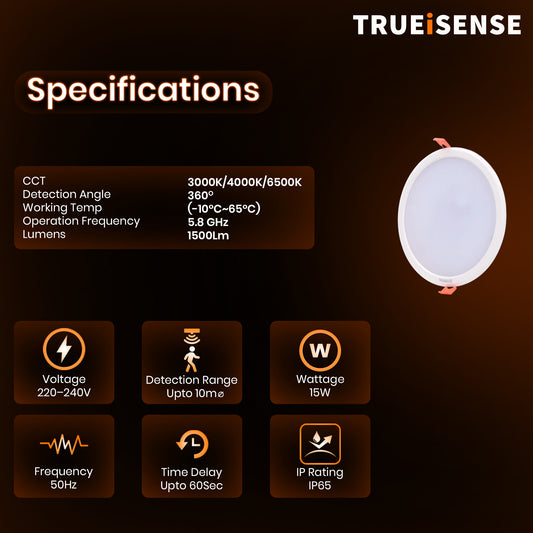 TRUEiSENSE | OCT VELA | Radar Presence Sensor | Round Surface Light | LED Panel Light | Presence Sensor | Auto Detection | Radar Sensor | Round Surface Panel Light