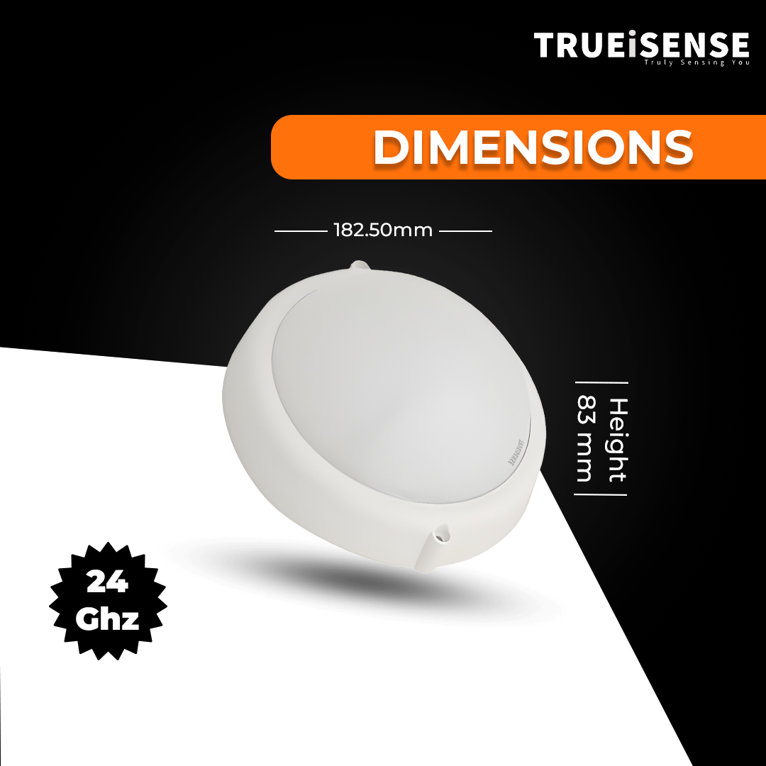 Round white sensor device with 'Trueisense' branding on a black background, motion sensor bulkhead light, auto on/off bulkhead light, motion sensor bulkhead light, true presence sensor, breathing sensor, real presence sensor