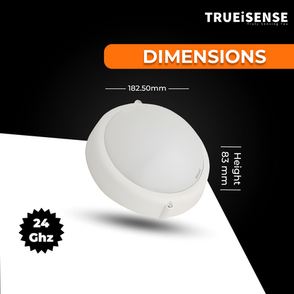 Round white sensor device with 'Trueisense' branding on a black background, motion sensor bulkhead light, auto on/off bulkhead light, motion sensor bulkhead light, true presence sensor, breathing sensor, real presence sensor