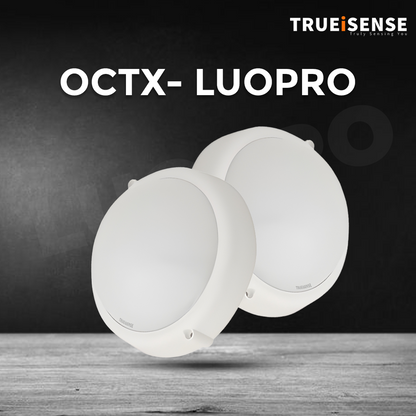 Round white sensor device with 'Trueisense' branding on a black background, motion sensor bulkhead light, auto on/off bulkhead light, motion sensor bulkhead light, true presence sensor, breathing sensor, real presence sensor
