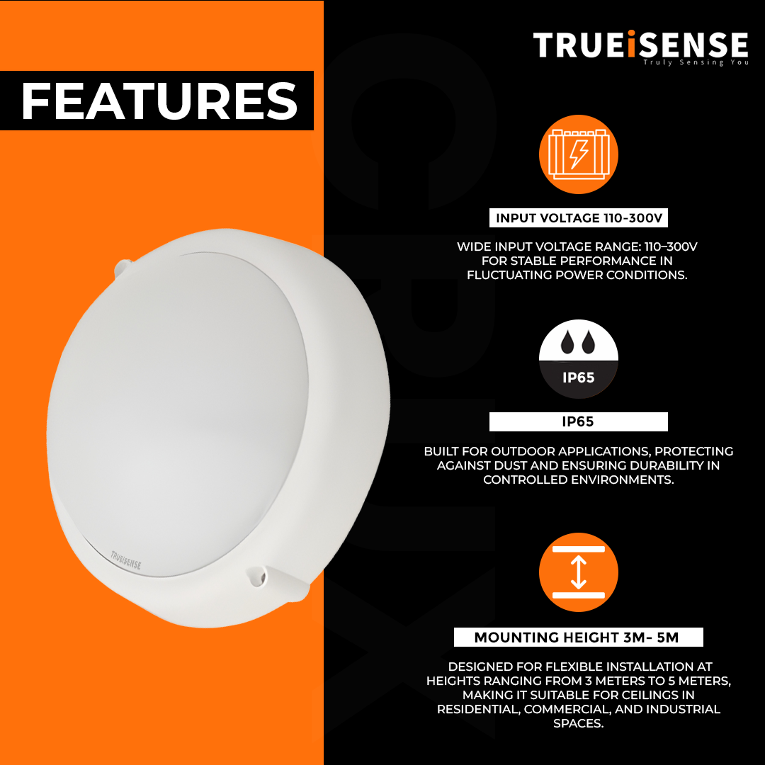 Round white sensor device with 'Trueisense' branding on a black background, motion sensor bulkhead light, auto on/off bulkhead light, motion sensor bulkhead light, true presence sensor, breathing sensor, real presence sensor