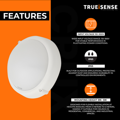 Round white sensor device with 'Trueisense' branding on a black background, motion sensor bulkhead light, auto on/off bulkhead light, motion sensor bulkhead light, true presence sensor, breathing sensor, real presence sensor
