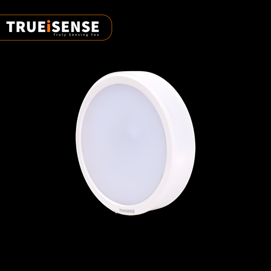 Round sensor device with Trueisense logo on a black background,true presence sensor light, real presence sensor panel light, true presence sensor, 