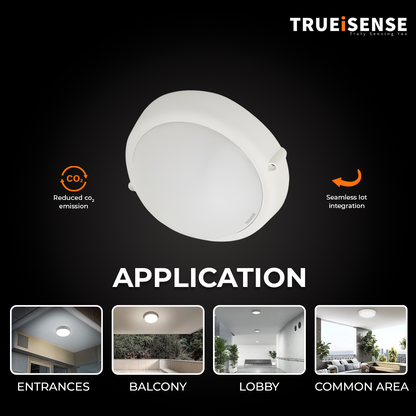 Round white sensor device with 'Trueisense' branding on a black background, motion sensor bulkhead light, auto on/off bulkhead light, motion sensor bulkhead light, true presence sensor, breathing sensor, real presence sensor
